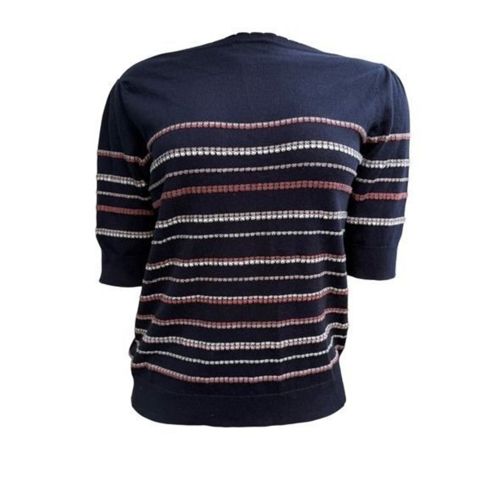 RW+CO Navy Blue Striped Knit Top Puff Sleeve Preppy Parisian Coastal Sweater M